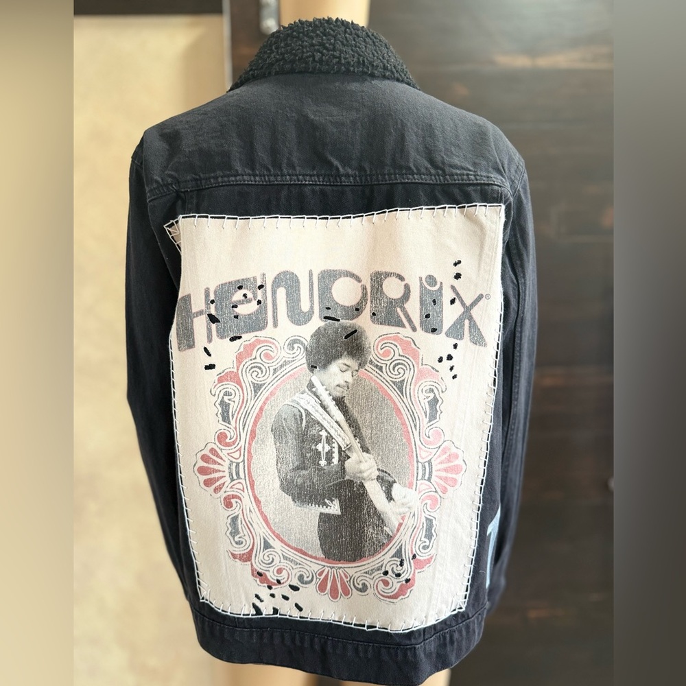 Upcycled Brave Soul Jimmy Hendrix Black Sherpa Collar Denim Jacket Size M